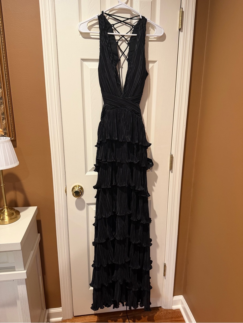 Lulu's Black Pleated Tiered Maxi Dress with Lace-Up Back